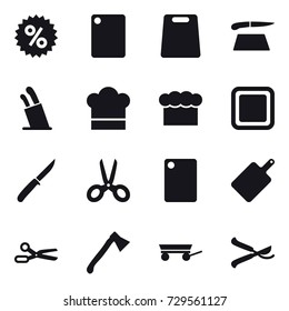 16 vector icon set : percent, cutting board, stands for knives, cook hat, chef  hat, knife, scissors, axe, trailer, pruner