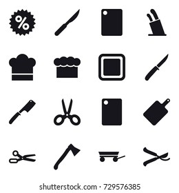 16 vector icon set : percent, cutting board, stands for knives, cook hat, chef  hat, knife, chef knife, scissors, axe, trailer, pruner
