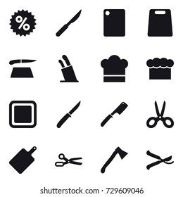 16 vector icon set : percent, cutting board, stands for knives, cook hat, chef  hat, knife, chef knife, scissors, axe, pruner