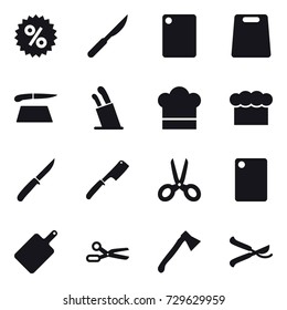 16 vector icon set : percent, cutting board, stands for knives, cook hat, chef  hat, knife, chef knife, scissors, axe, pruner