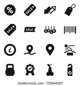 16 vector icon set : percent, sale, up down arrow, label, sale label, barcode, info, pear, do not distrub