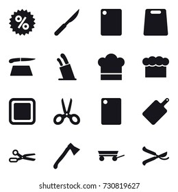 16 vector icon set : percent, cutting board, stands for knives, cook hat, chef  hat, scissors, axe, trailer, pruner