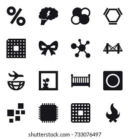 16 vector icon set : percent, brain, atom core, hex molecule, cpu, bow, bridge, flower in window, crib, ring button, fire