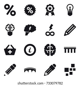 16 vector icon set : percent, medal, bulb, bulb brain, brain, infinity power, pencil, add to basket, info, bridge