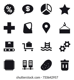 16 vector icon set : percent, money message, diagram, star, baggage trolley, pool, potato, trash bin