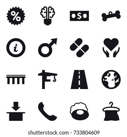 16 vector icon set : percent, bulb brain, money, bone, info, bridge, tower crane, soap, hanger