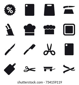 16 vector icon set : percent, cutting board, stands for knives, cook hat, chef  hat, knife, chef knife, scissors, trailer, pruner