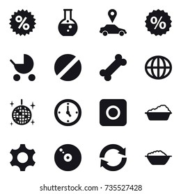 16 vector icon set : percent, round flask, car pointer, baby stroller, globe, disco ball, watch, ring button, washing, reload, foam basin