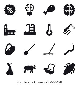 16 vector icon set : percent, bulb brain, chicken leg, church, pool, thermometer, shovel, rake, sickle, pear, sheep, floor washing, bug