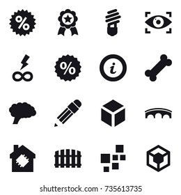 16 vector icon set : percent, medal, bulb, eye identity, infinity power, info, pencil, 3d, bridge, smart house, fence