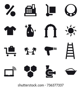 16 vector icon set : percent, cashbox, cargo stoller, necklace, t-shirt, cleanser, arch, sun, baggage trolley, palm hammock, hair dryer, stairs, honeycombs, water pump, foam basin