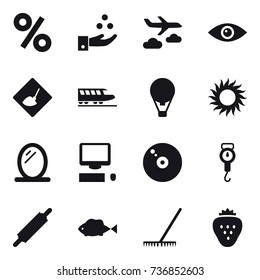 16 vector icon set : percent, chamical industry, journey, under construction, train, air ballon, sun, mirror, handle scales, rolling pin, rake, strawberry