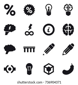16 vector icon set : percent, bulb, bulb brain, brain, infinity power, info, bridge, pencil, eggplant