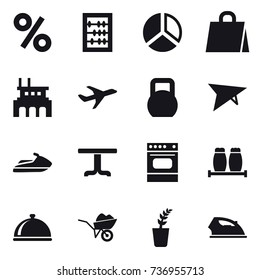 16 vector icon set : percent, abacus, diagram, shopping bag, factory, deltaplane, jet ski, table, wheelbarrow, seedling, iron