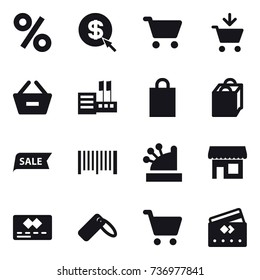 16 vector icon set : percent, dollar arrow, cart, add to cart, remove from basket, store, shopping bag, sale, barcode, cashbox, shop, credit card
