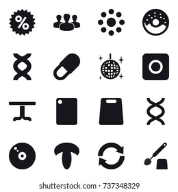 16 vector icon set : percent, group, round around, donut, disco ball, ring button, table, cutting board, reload, toilet brush