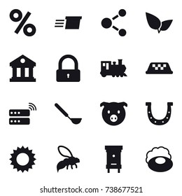 16 vector icon set : percent, delivery, molecule, library, lock, train, taxi, ladle, pig, horseshoe, sun, wasp, hive, soap