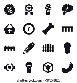 16 vector icon set : percent, medal, bulb, brain, add to basket, info, bridge, pencil, fence, eggplant
