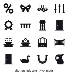 16 vector icon set : percent, bow, sale, equalizer, medal, bridge, building, door, fountain, flower bed, dresser, crib, goose, horseshoe, jug