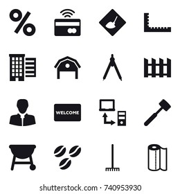 16 vector icon set : percent, tap to pay, under construction, ruler, houses, barn, drawing compass, fence, welcome mat, meat hammer, coffee seeds, rake, paper towel