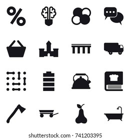 16 vector icon set : percent, bulb brain, atom core, discussion, basket, castle, bridge, kettle, axe, trailer, pear, bath