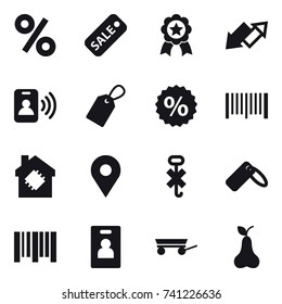 16 vector icon set : percent, sale, medal, up down arrow, pass card, label, barcode, smart house, identity card, trailer, pear
