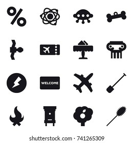 16 vector icon set : percent, atom, ufo, bone, ticket, restaurant, antique column, electricity, welcome mat, shovel, fire, hive, garden, duster