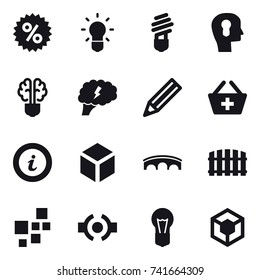 16 vector icon set : percent, bulb, bulb head, bulb brain, brain, pencil, add to basket, info, 3d, bridge, fence