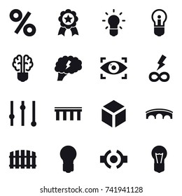 16 vector icon set : percent, medal, bulb, bulb brain, brain, eye identity, infinity power, equalizer, bridge, 3d, fence