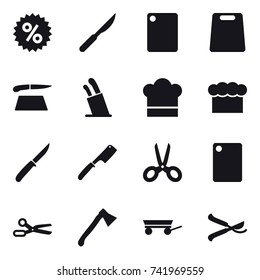 16 vector icon set : percent, cutting board, stands for knives, cook hat, chef  hat, knife, chef knife, scissors, axe, trailer, pruner