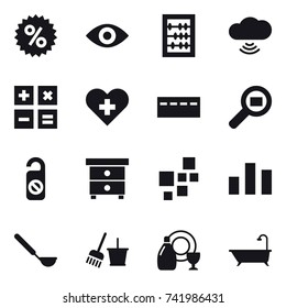 16 vector icon set : percent, eye, abacus, cloud wireless, calculator, bunker, do not distrub, nightstand, ladle, bucket and broom, dish cleanser, bath