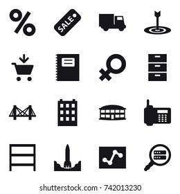 16 vector icon set : percent, sale, truck, target, add to cart, copybook, bridge, building, airport building, rack