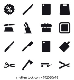 16 vector icon set : percent, cutting board, stands for knives, chef  hat, knife, chef knife, scissors, axe, trailer, pruner
