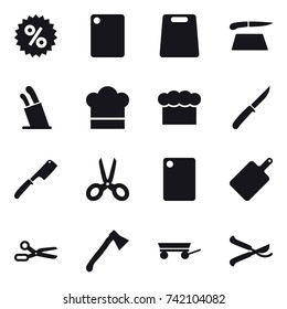 16 vector icon set : percent, cutting board, stands for knives, cook hat, chef  hat, knife, chef knife, scissors, axe, trailer, pruner