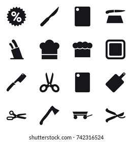 16 vector icon set : percent, cutting board, stands for knives, cook hat, chef  hat, chef knife, scissors, axe, trailer, pruner