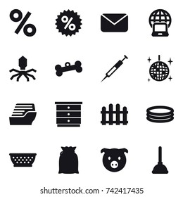 16 vector icon set : percent, mail, notebook globe, virus, bone, disco ball, cruise ship, chest of drawers, fence, inflatable pool, kolander, pig, plunger