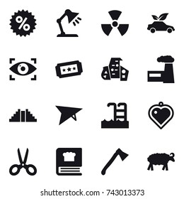 16 vector icon set : percent, table lamp, nuclear, eco car, eye identity, ticket, modern architecture, factory, pyramid, deltaplane, pool, heart pendant, scissors, axe, sheep