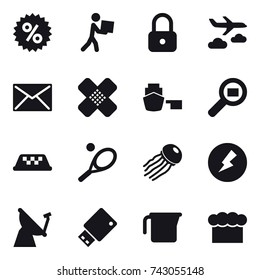 16 vector icon set : percent, courier, lock, journey, mail, taxi, tennis, jellyfish, electricity, measuring cup, chef  hat