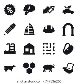 16 vector icon set : percent, brain, up down arrow, eco car, pencil, skyscraper, building helmet, arch, pool, home, cow, honeycombs, sheep, floor washing