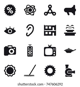16 vector icon set : percent, atom, spinner, megafon, modular house, fountain, camera, remote control, tv, pan, rake, sun, water pump