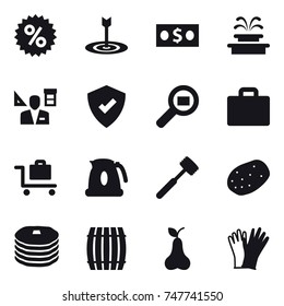 16 vector icon set : percent, target, money, fountain, architector, suitcase iocn, baggage trolley, kettle, meat hammer, barrel, pear, gloves