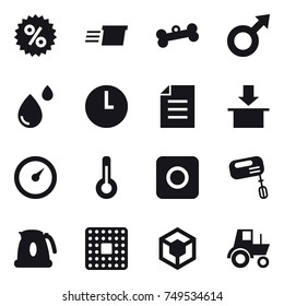 16 vector icon set : percent, delivery, bone, barometer, thermometer, ring button, mixer, kettle, tractor