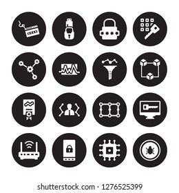 16 vector icon set : Phishing, Microchip, Mobile phone security, Modem, Monitor Malware, network optimization, certificate, Funnel isolated on black background