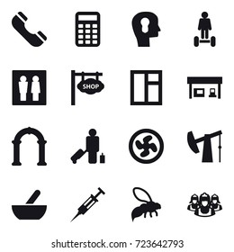 16 vector icon set : phone, calculator, bulb head, hoverboard, wc, shop signboard, window, gas station, arch, passenger, cooler fan, mortar, syringe, wasp, outsource