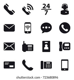 16 vector icon set : phone, call, 24/7, call center, mail, phone wireless, ballon, phone, mail, identity card, intercome
