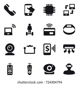 16 vector icon set : phone, touch, chip, notebook connect, notebook wireless, hoverboard, tap to pay, smart bracelet, web cam, electrostatic, mobile pay, air conditioning, remote control