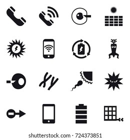 16 vector icon set : phone, call, cell correction, sun power, phone wireless, battery charge, dna modify