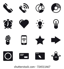 16 vector icon set : phone, call, circle diagram, alarm clock, heart, bulb, phone wireless, star, right arrow, ring button, apron