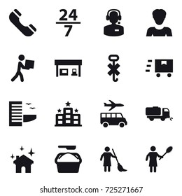 16 vector icon set : phone, 24/7, call center, woman, courier, gas station, hotel, transfer, sweeper, house cleaning, washing powder, brooming, woman with pipidaster