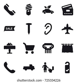 16 vector icon set : phone, bulb, eco car, credit card, sale, nail, airplane, restaurant, cart, antique column, curtain, pickup, toilet cleaning, please clean